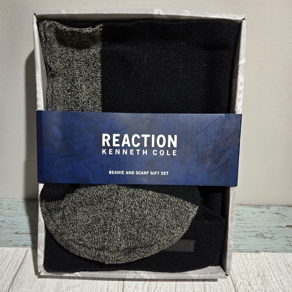 Men's Reaction Kenneth Cole Beanie & Scarf Set Black/Grey One Size MSP$55
